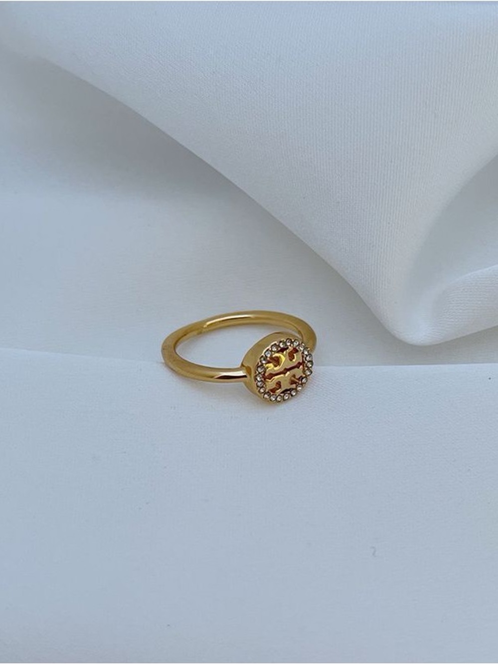 Tory Burch Gold Logo Ring with Crystal Border